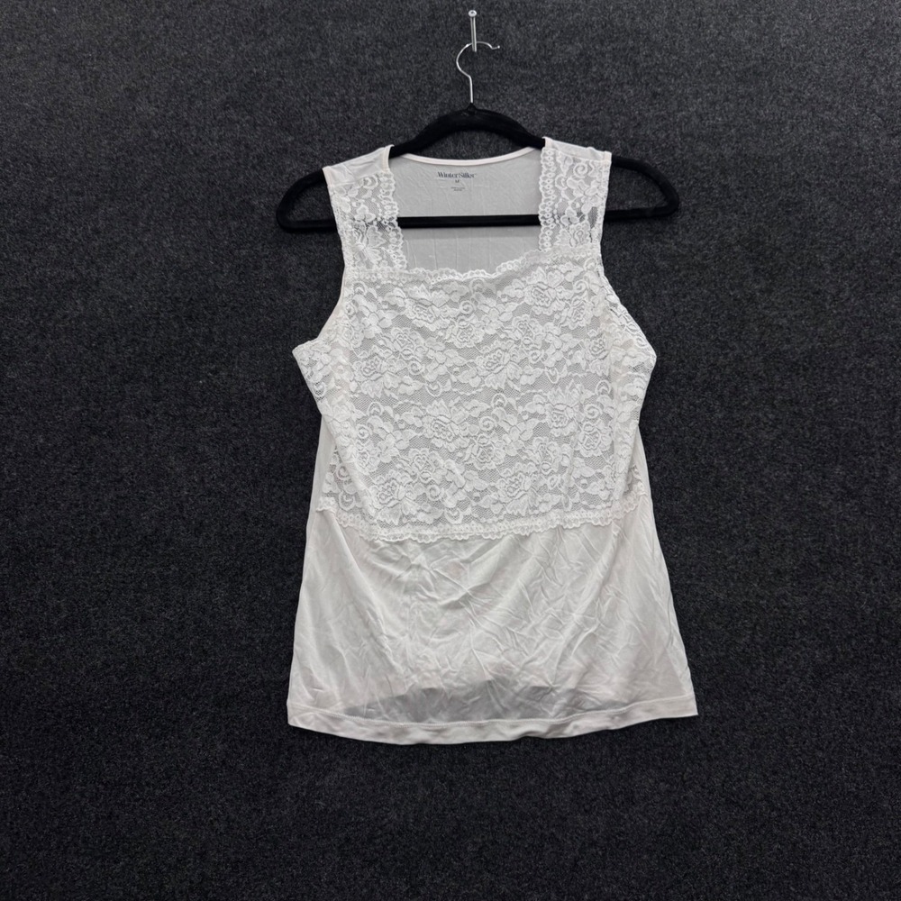 WinterSilks Womens White Lace Front Tank Top Square Neck Sleeveless Medium